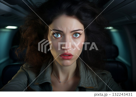 Worried Woman in Airplane Cabin 132243431