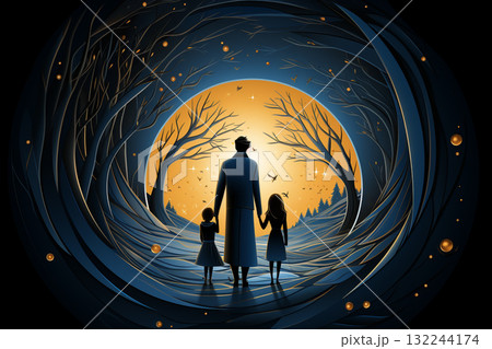 Silhouetted Family Gazing at a Starry Night 132244174