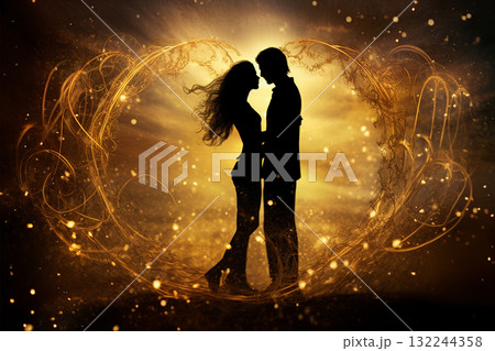 Silhouetted Couple Embraced in Golden Light Silhouetted Couple Embraced in Golden Light 132244358