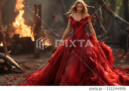 Elegant Woman in a Red Gown Amongst Flames Elegant Woman in a Red Gown Amongst Flames 132244906