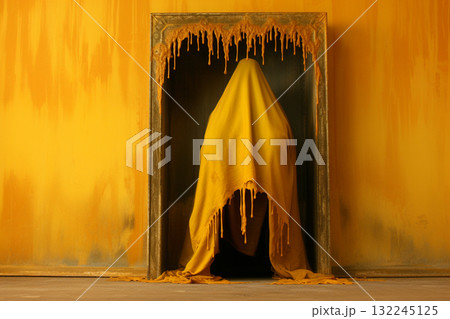Abstract Art Installation with Yellow Drapery 132245125