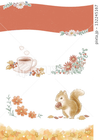 秋モチーフのイラスト&フレームセット（お花、コーヒー、リス、銀杏） 132245167