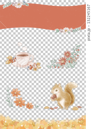 秋モチーフのイラスト&フレームセット（お花、コーヒー、リス、銀杏） 132245167