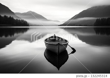 Serene Lake with Misty Mountains and Boat 132245314