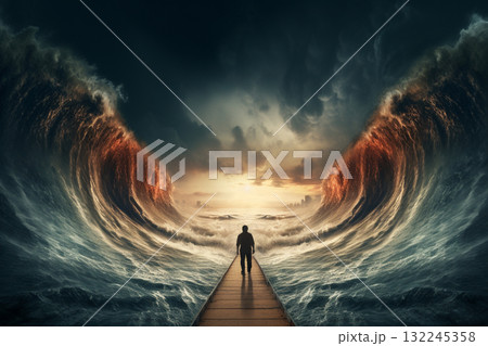 Man Facing a Dramatic Ocean Wave Man Facing a Dramatic Ocean Wave 132245358