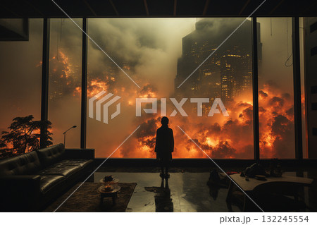 Silhouette Overlooking a Fiery Cityscape Silhouette Overlooking a Fiery Cityscape 132245554