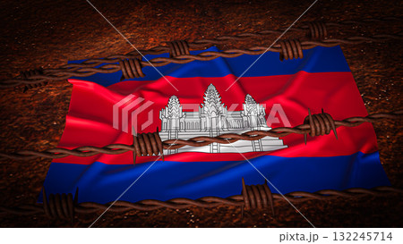 The Cambodia flag and barbed wire for Background 3d Rendering. The Cambodia flag and barbed wire for Background 3d Rendering. 132245714