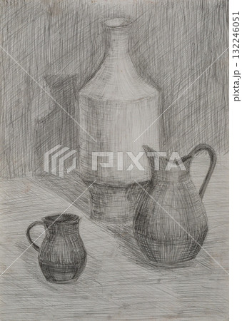 Still life drawing of pottery vessels with different shapes and sizes 132246051