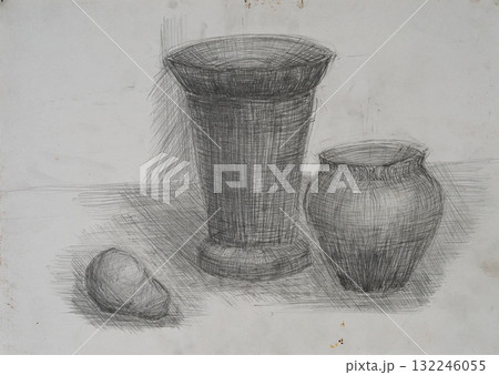 Black and white pencil drawing of pottery and an egg on a flat surface 132246055