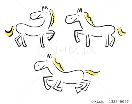 墨絵の笑顔のかわいい白馬のセット　走る　2026　正月素材 132246097