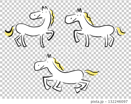墨絵の笑顔のかわいい白馬のセット　走る　2026　正月素材 132246097