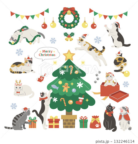 クリスマスを楽しむかわいい猫のイラスト クリスマスを楽しむかわいい猫のイラスト 132246114