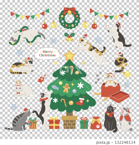 一幅可愛的貓咪享受聖誕節的插圖 132246114