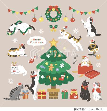 クリスマスに遊ぶかわいい猫のイラスト クリスマスに遊ぶかわいい猫のイラスト 132246115