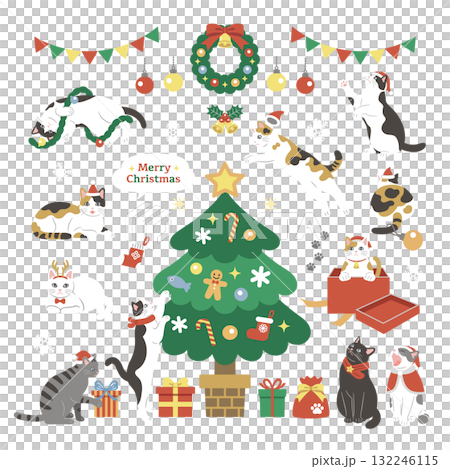 クリスマスに遊ぶかわいい猫のイラスト クリスマスに遊ぶかわいい猫のイラスト 132246115