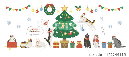 クリスマスを楽しむかわいい猫のイラスト　バナー素材 132246116