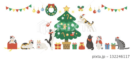 クリスマスを楽しむかわいい猫のイラスト　バナー素材 132246117
