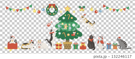 クリスマスを楽しむかわいい猫のイラスト　バナー素材 132246117