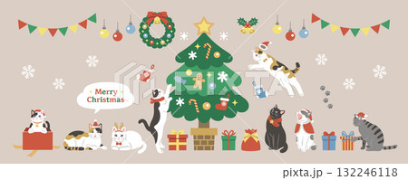 クリスマスを楽しむかわいい猫のイラスト バナー素材 クリスマスを楽しむかわいい猫のイラスト バナー素材 132246118
