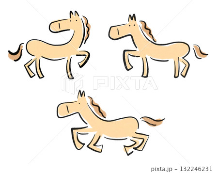 墨絵のかわいい馬のセット　走る　2026　正月素材 132246231
