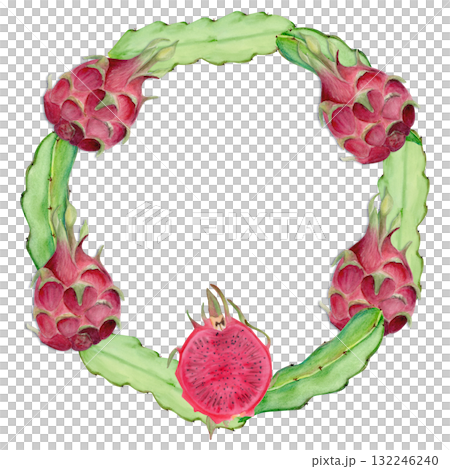 Dragon fruit, cactus leaf hand-painted watercolor wreath isolated on white. Tropical exotic fruit artwork, perfect for botanical prints, cards, packaging design, healthy food concepts, summer decor. 132246240