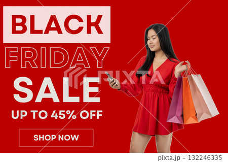 A woman enjoys shopping while checking her phone for deals A woman enjoys shopping while checking her phone for deals 132246335