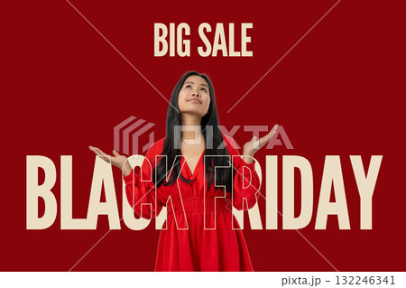 Woman in red dress expresses joy for Black Friday deals Woman in red dress expresses joy for Black Friday deals 132246341