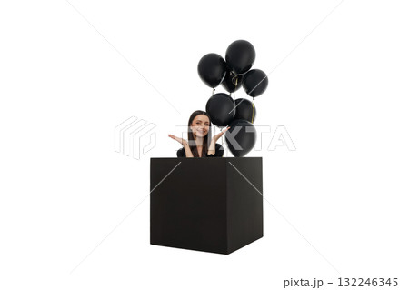 Woman joyfully poses with balloons on Black Friday, isolated, PNG 132246345
