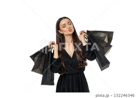 Woman with shopping bags after Black Friday sales, isolated, PNG 132246346