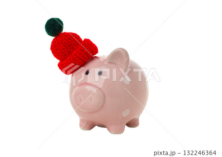 Winter piggy bank with knitted hat, isolated on white, PNG 132246364