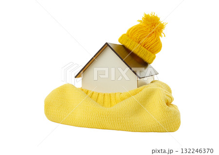 Wooden house with cozy yellow winter decor, isolated on white, PNG Wooden house with cozy yellow winter decor, isolated on white, PNG 132246370