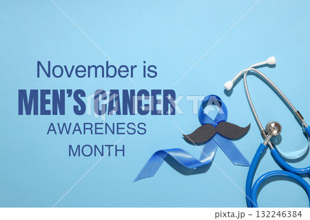 Blue ribbon and stethoscope illustrate men's cancer awareness 132246384