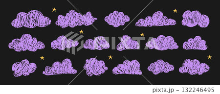 Violet crayon clouds with stars. Magical night sky doodles for fairy tale books or wall art. Vector illustration 132246495