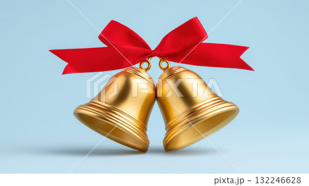 Golden Christmas bell with red ribbon bow, festive holiday decoration with soft light Golden Christmas bell with red ribbon bow, festive holiday decoration with soft light 132246628