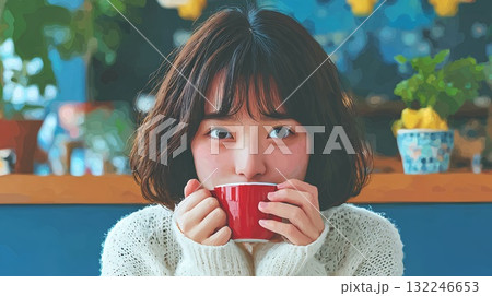 部屋でホットドリンクを飲む若い女性 132246653