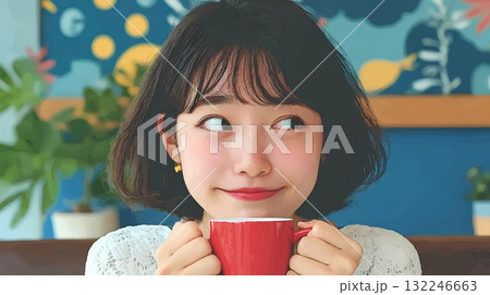 部屋でコーヒーを飲む女性 部屋でコーヒーを飲む女性 132246663