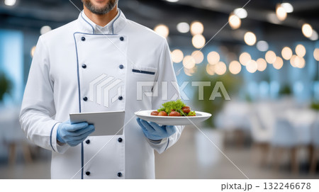Chef holding plated food and tablet in modern restaurant tech food inspired plating Chef holding plated food and tablet in modern restaurant tech food inspired plating 132246678