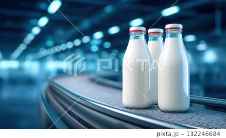 Fresh milk bottles on conveyor in modern food tech facility with soft blue light 132246684