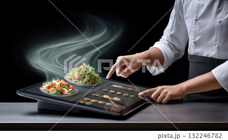 Fresh food and technology merge in chef creating steaming salad with futuristic touchscreen menu 132246782