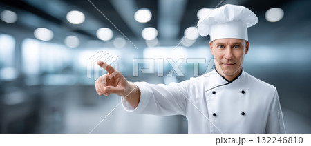 Chef in kitchen pointing with food and...のイラスト素材 [132246810] - PIXTA