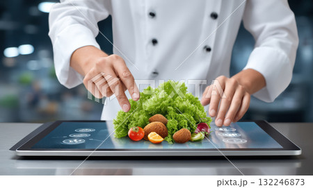 Fresh salad and food tech concept with chef preparing virtual greens and vegetables 132246873