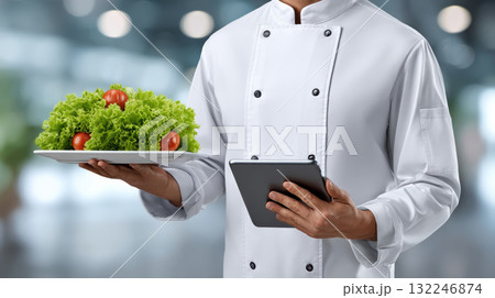 Chef holding tablet and plate of fresh salad food tech inspiring healthy menu Chef holding tablet and plate of fresh salad food tech inspiring healthy menu 132246874