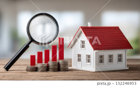 Golden bar chart upward arrow magnifying glass coin stack package box 132246953