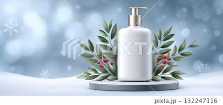 Winter banner featuring lotion bottle snowy pedestal with foliage and red berries evoking cozy 132247116