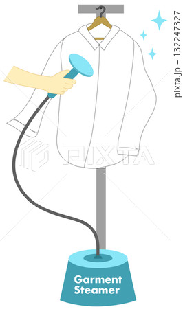 Garment Steamer Illustration, Hand Steaming a White Shirt on Hanger 132247327