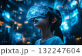 A girl wearing VR glasses interacts with a holographic globe. Generative Ai. 132247604