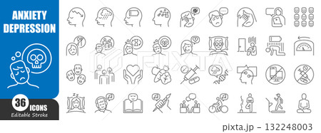 Anxiety and depression disorder thin line icon . Editable stroke . Vector . 132248003