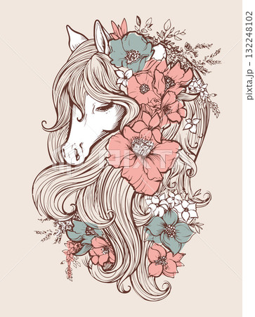 Horse head with long mane decorated with large flowers and leaves. Detailed hand-drawn vector illustration on beige background. Animal and floral art concept for design, print, and poster 132248102