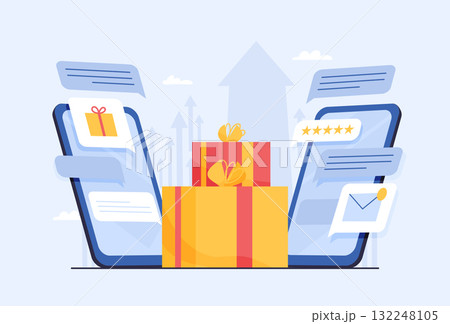 Two smartphones exchanging messages with gift boxes and rating stars. Flat vector illustration of online shopping and present delivery on blue background. E-commerce and digital marketing concept for 132248105