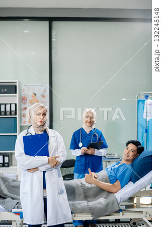 Muslim female doctors providing medical care in a modern clinic, with a focus on healthcare, patient treatment 132248148